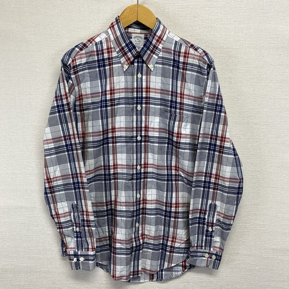 Brooks Brothers Regent Button Down Shirt Mens M Red White Blue Plaid Non-Iron - Picture 2 of 10